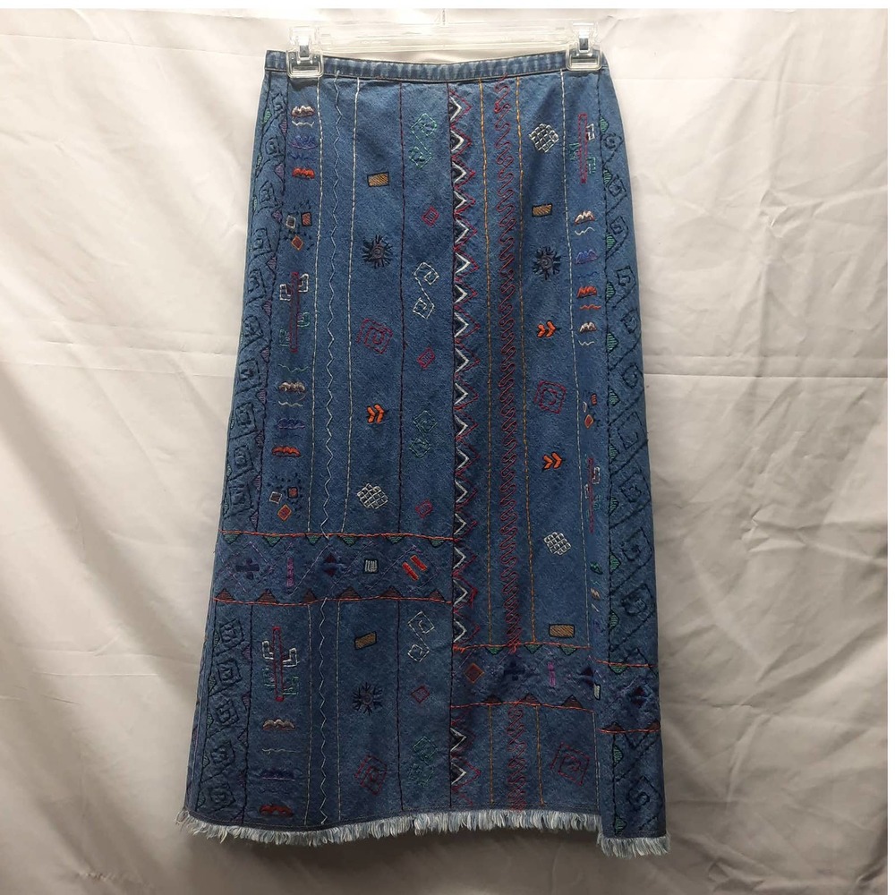 Chico's Design Size 2 Boho Festival Heavy Embroidery Denim A-Line Raw Hem Skirt
